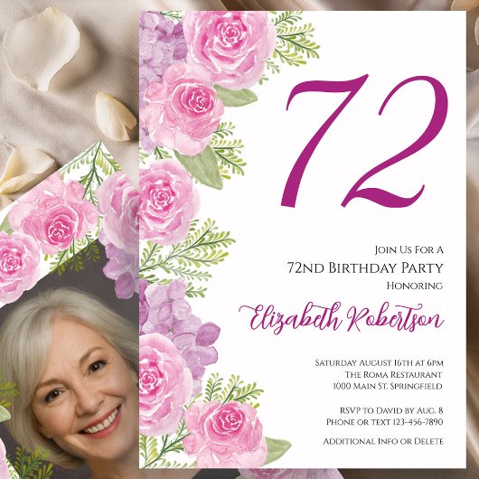 Roze rozen aangepaste fototemplate 72ste verjaarda kaart