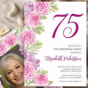 Roze rozen aangepaste fototemplate 75e verjaardag kaart