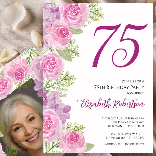 Roze rozen aangepaste fototemplate 75e verjaardag kaart