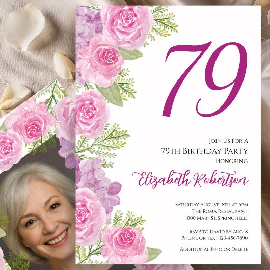 Roze rozen aangepaste fototemplate 79e verjaardag kaart