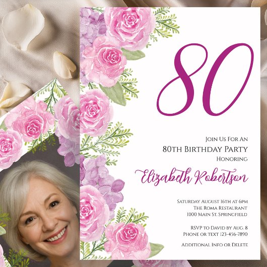 Roze rozen aangepaste fototemplate 80ste verjaarda kaart