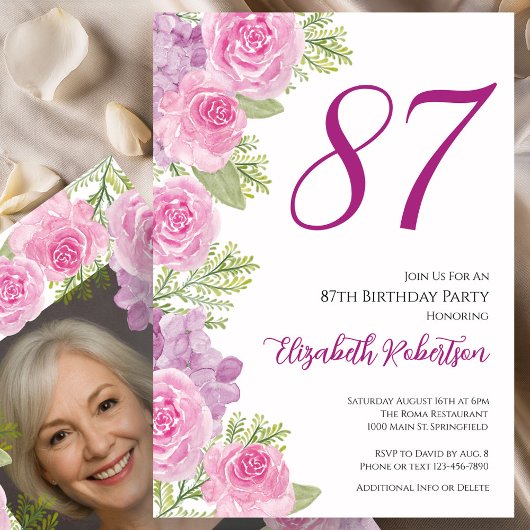 Roze rozen aangepaste fototemplate 87e verjaardag kaart