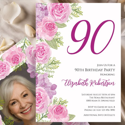 Roze rozen aangepaste fototemplate 90ste verjaarda kaart