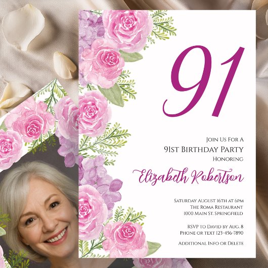 Roze rozen aangepaste fototemplate 91ste verjaarda kaart