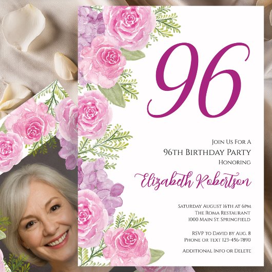 Roze rozen aangepaste fototemplate 96e verjaardag kaart