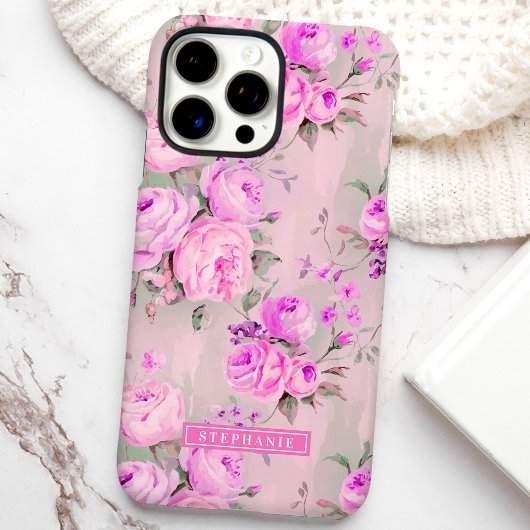Roze rozen Aangepaste naam bloemstuk  Case-Mate iPhone Case