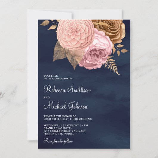 Roze Rozen Aardse Bloemenvloot Alles in één bruilo Kaart (Voorkant)