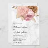 Roze Rozen Aardse Bloemige Marmer All in One Trouw Kaart (Voorkant)