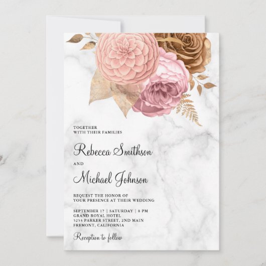 Roze Rozen Aardse Bloemige Marmer All in One Trouw Kaart (Voorkant)