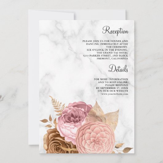 Roze Rozen Aardse Bloemige Marmer All in One Trouw Kaart (Achterkant)