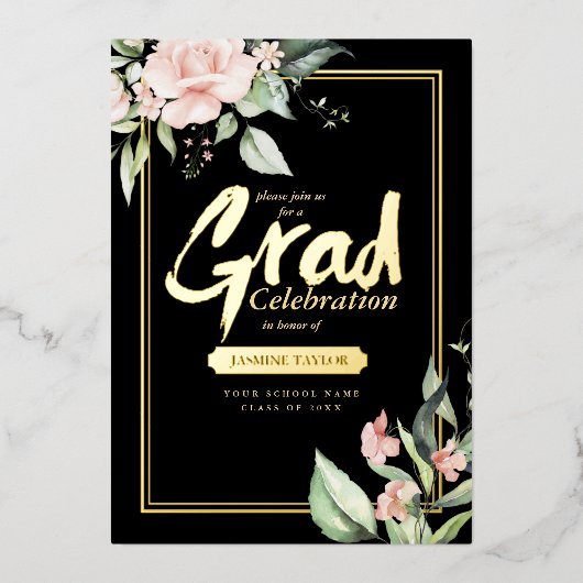 Roze rozen Afstudeerder Folie Gold/Black ID894 Uitnodiging (Voorkant)