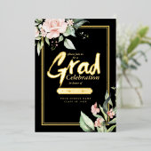 Roze rozen Afstudeerder Folie Gold/Black ID894 Uitnodiging (Staand Voorkant)