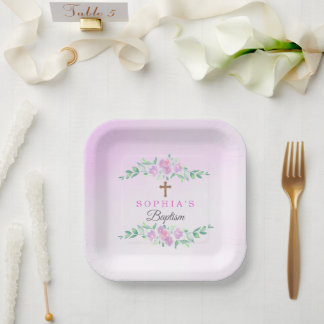 Roze Rozen Aquarel Ombre Kruis Doop Custom Papieren Bordje