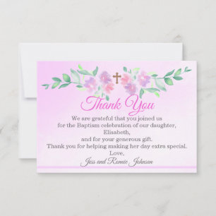 Roze Rozen Aquarel Ombre Kruis Doop Meisje Plat Bedankkaart