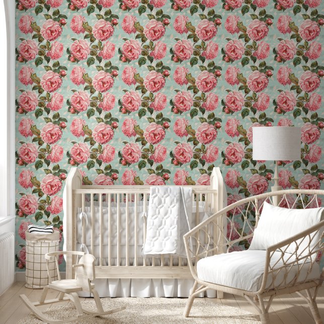  roze rozen baby blauwe achtergrond behang (Kinderen)