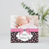 Roze Rozen Baby Meisje Foto Doop Kaart (Staand voorkant)