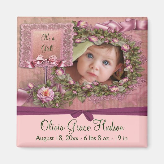 Roze Rozen Baby Meisje Foto Geboorte Magneten (Voorkant)