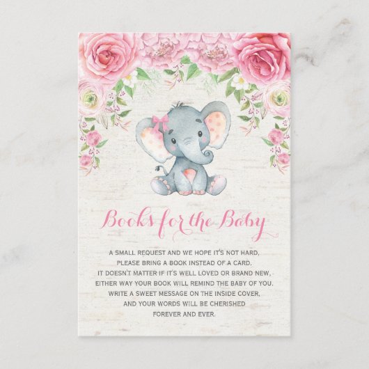 Roze Rozen Baby Olifant Breng een boek invoegen Ka Informatiekaartje (Voorkant)