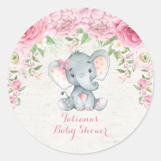 Roze Rozen Baby Olifant Dank u Sticker gunsten (Voorkant)