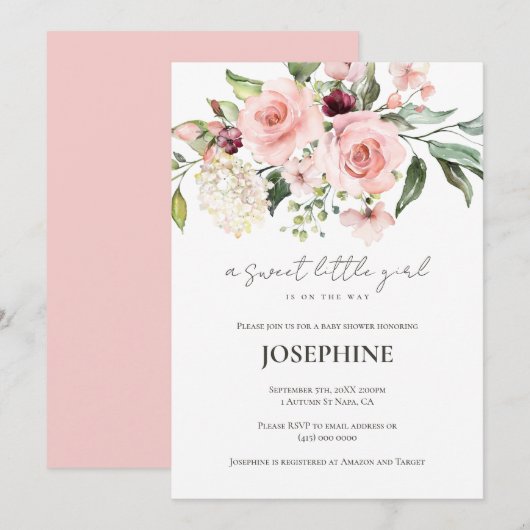 Roze Rozen Baby shower Invitation Kaart (Voorkant / Achterkant)