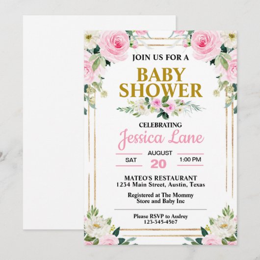  Roze Rozen Baby shower Kaart (Voorkant / Achterkant)