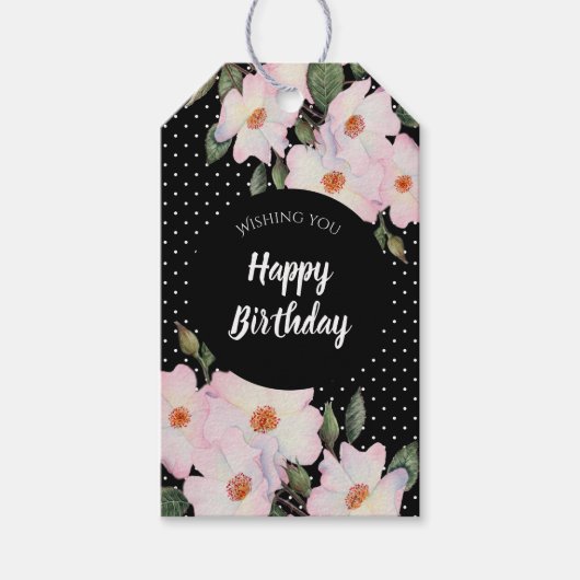 Roze rozen Ballerina Black White Polka Dots Design Cadeaulabel (Voorkant)
