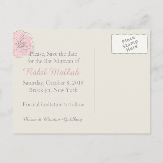 Roze rozen Bat Mitswa Save the Date Briefkaart (Achterkant)