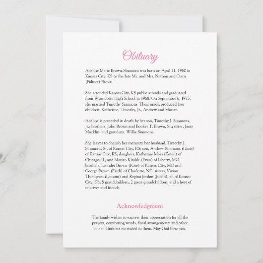  roze rozen begrafeniskaart kaart (Achterkant)