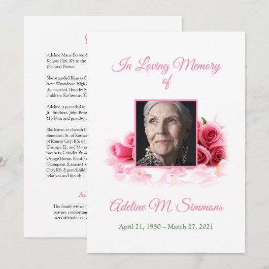  roze rozen begrafeniskaart kaart (Voorkant / Achterkant)