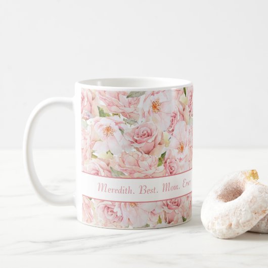 Roze rozen Beste mama ooit genoemd koffie Mok (Met donut)
