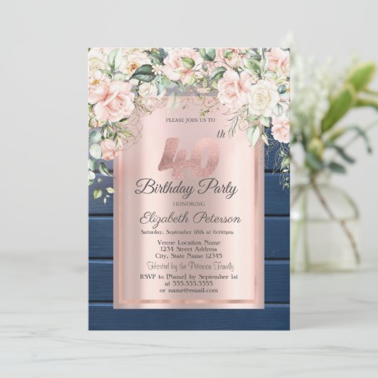 Roze Rozen, Blauw Hout Roos Goud 40e Verjaardag Kaart (Staand voorkant)