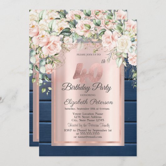 Roze Rozen, Blauw Hout Roos Goud 40e Verjaardag Kaart (Voorkant / Achterkant)