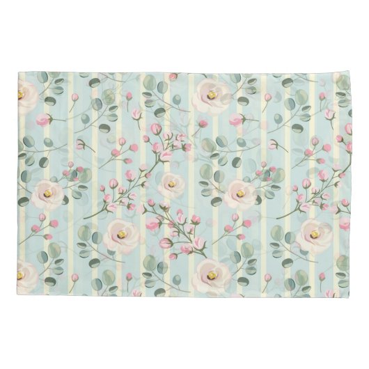 Roze Rozen Blauw Witte Strepen Kussensloop (Achterkant-Links)