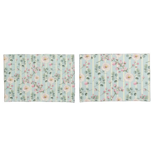 Roze Rozen Blauw Witte Strepen Kussensloop (Voorkant-Set)