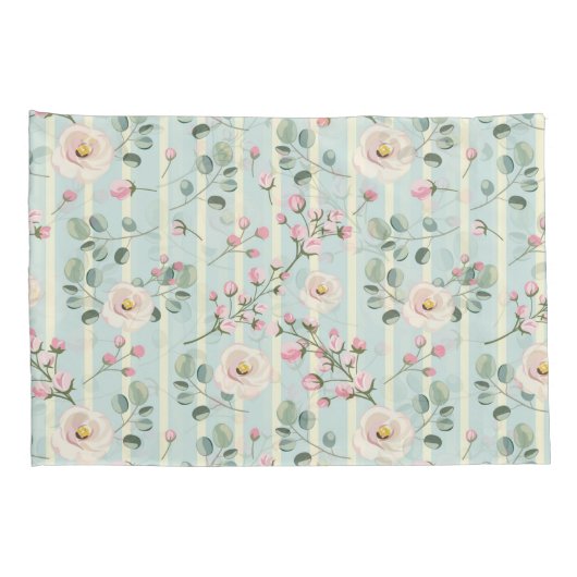 Roze Rozen Blauw Witte Strepen Kussensloop (Achterkant-Rechts)