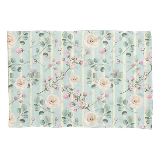 Roze Rozen Blauw Witte Strepen Kussensloop (Voorkant-Links)