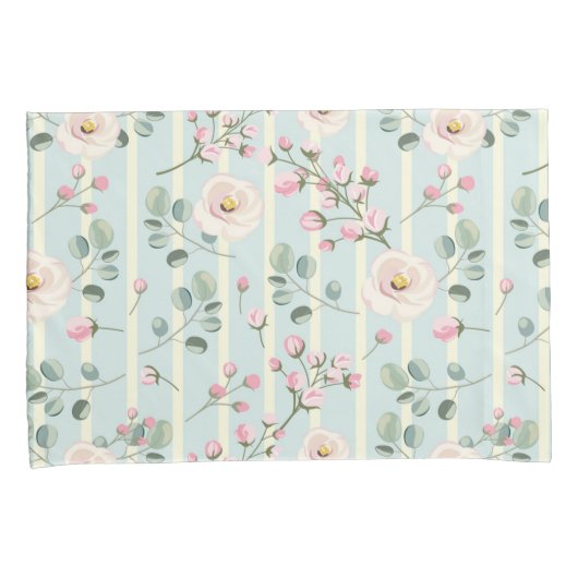 Roze Rozen Blauw Witte Strepen Kussensloop (Voorkant-Rechts)