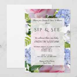 Roze rozen & blauwe Plumbago Sip & See Kaart