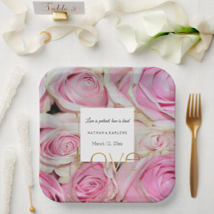 Roze rozen bloem goud liefde bruiloft  papieren bordje