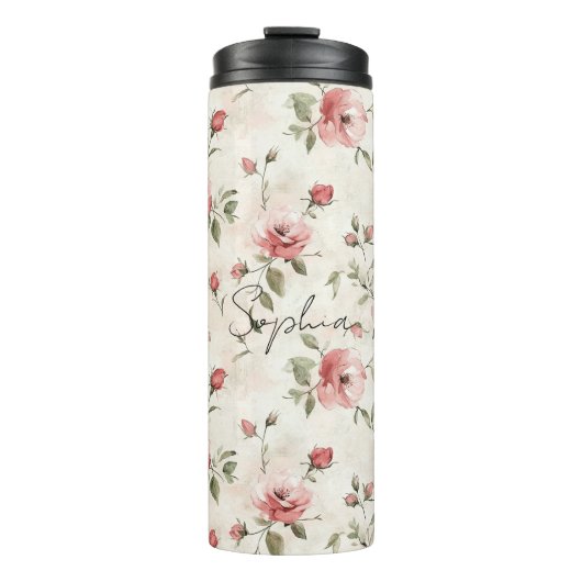Roze Rozen Bloem Thermosbeker (Voorkant)
