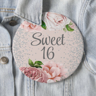 Roze Rozen Bloem Zilver Glitter Sweet 16 Ronde Button 6,0 Cm