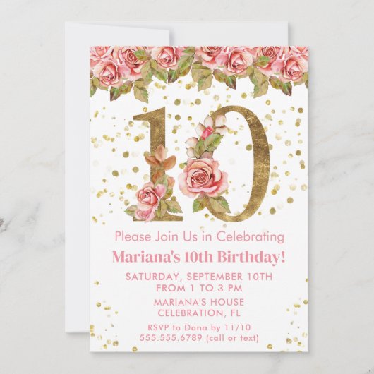 Roze Rozen Bloemen 10e Verjaardagsfeest Kaart