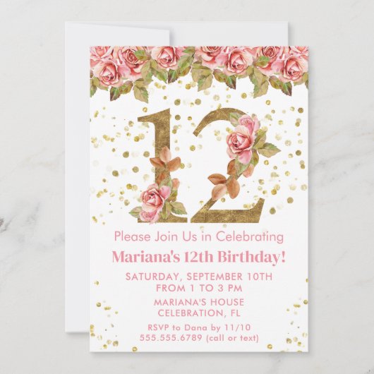 Roze Rozen Bloemen 12e Verjaardagsfeest Kaart (Voorkant)