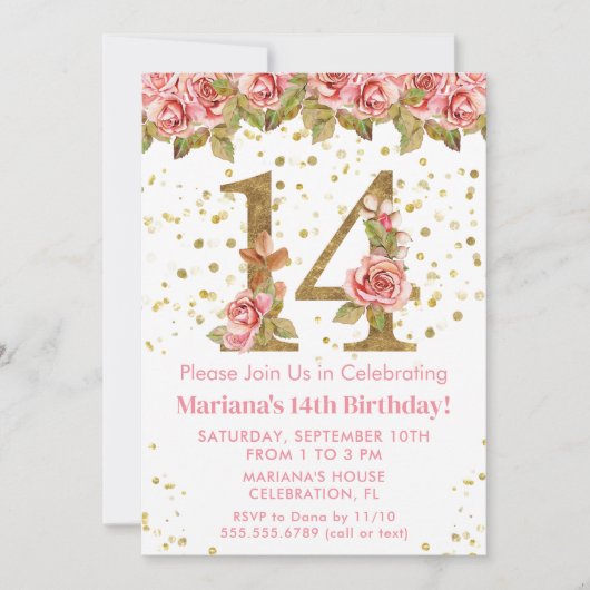 Roze Rozen Bloemen 14e Verjaardagsfeest Kaart (Voorkant)