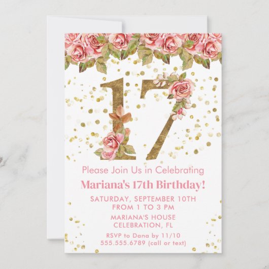 Roze Rozen Bloemen 17e Verjaardagsfeest Kaart (Voorkant)
