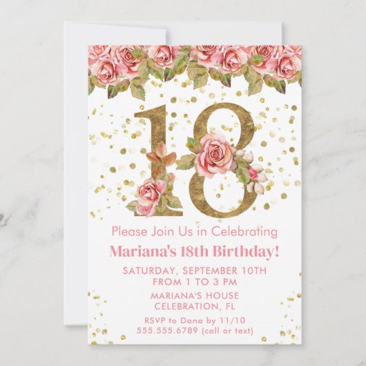 Roze Rozen Bloemen 18e Verjaardagsfeest Kaart (Voorkant)