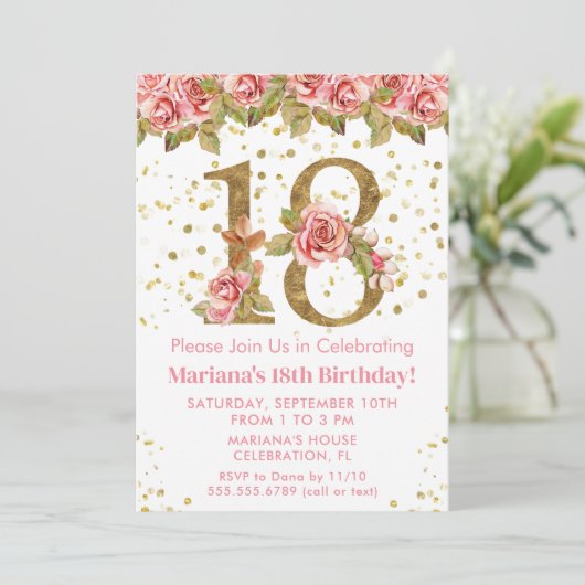 Roze Rozen Bloemen 18e Verjaardagsfeest Kaart (Staand voorkant)