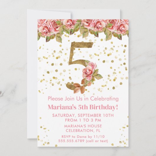 Roze Rozen Bloemen 5e Verjaardagsfeest Kaart (Voorkant)
