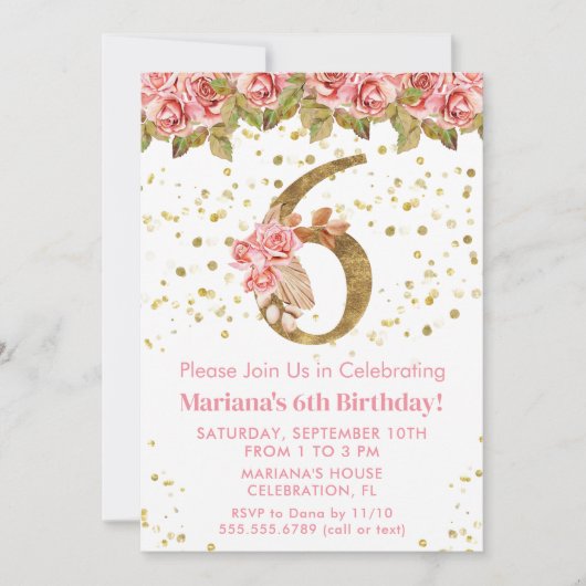 Roze Rozen Bloemen 6e Verjaardagsfeest Kaart (Voorkant)