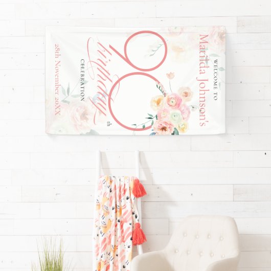 Roze Rozen Bloemen 90ste Verjaardag Feest Welkom Spandoek (Insitu)